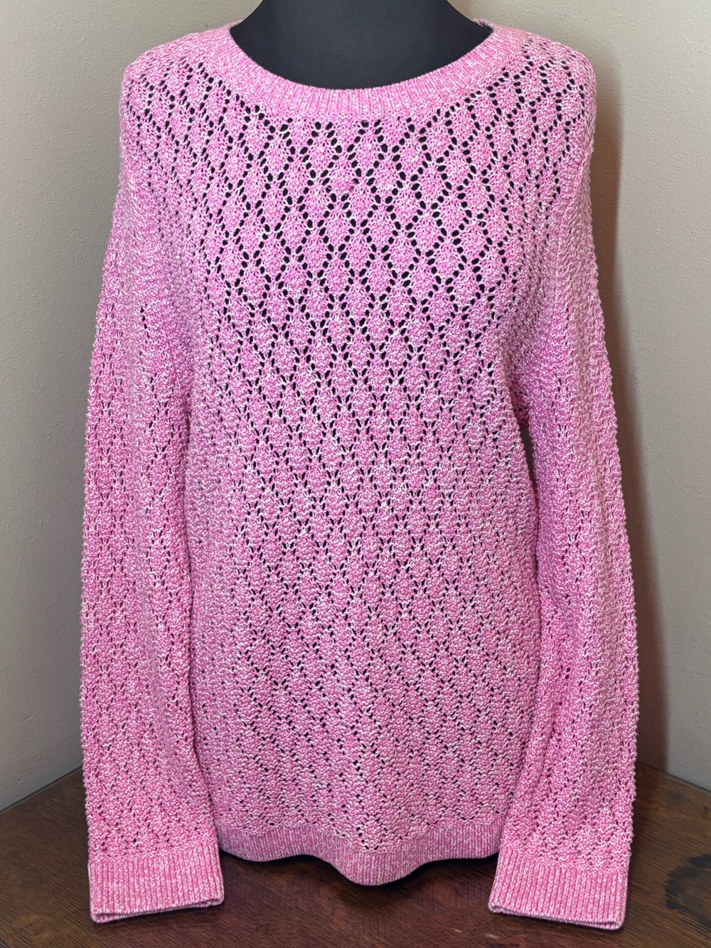Talbots Pink Open-Knit Crewneck Sweater, large, cotton blend
